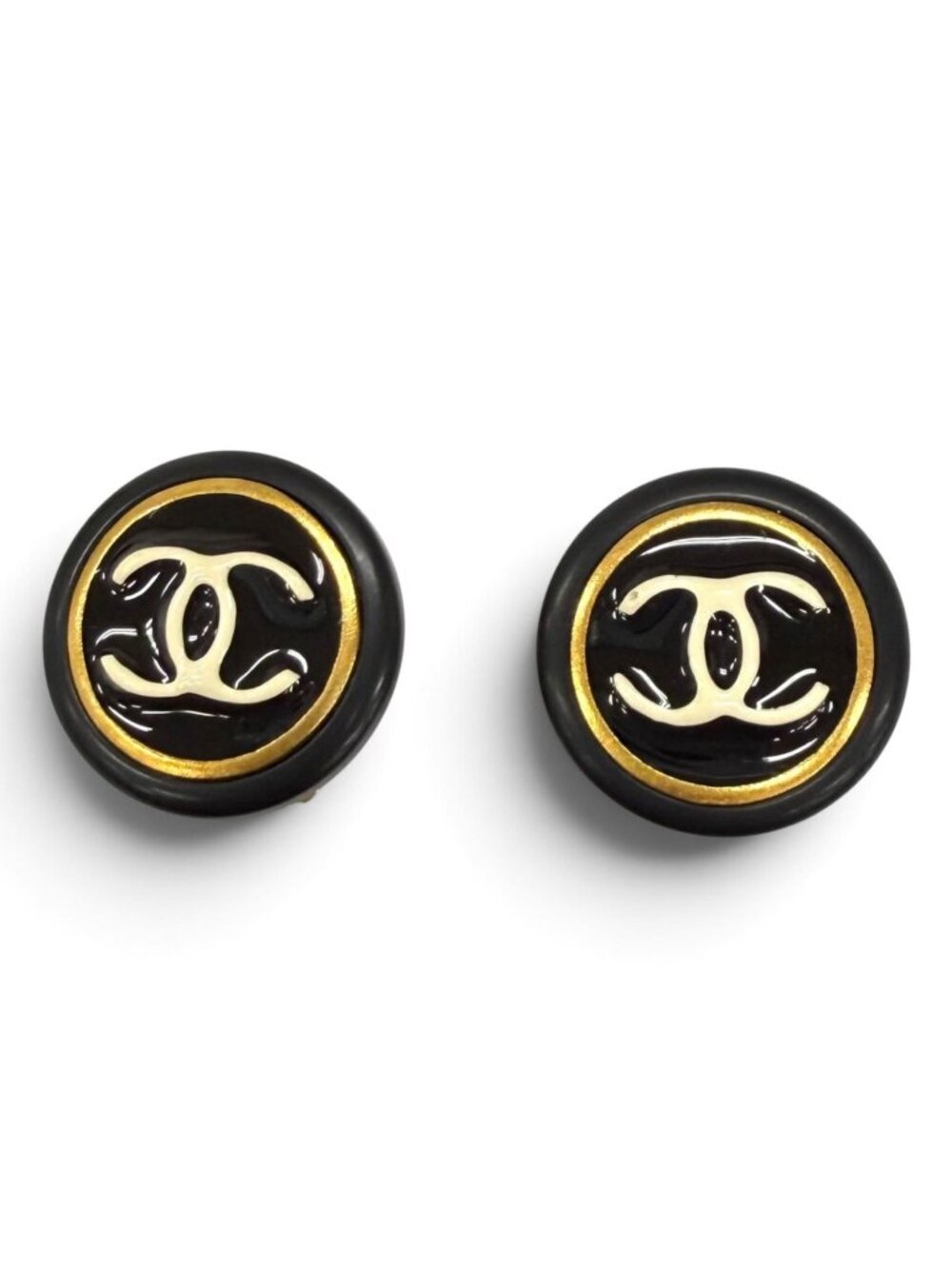 Chanel Vintage 97P CC Logo Earrings Black White Gold